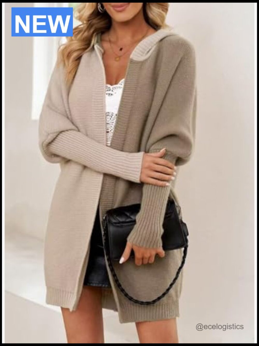 Open Front Hooded Knit Cardigan Sweater Color Block Long Sleeve - Picture 5 of 7